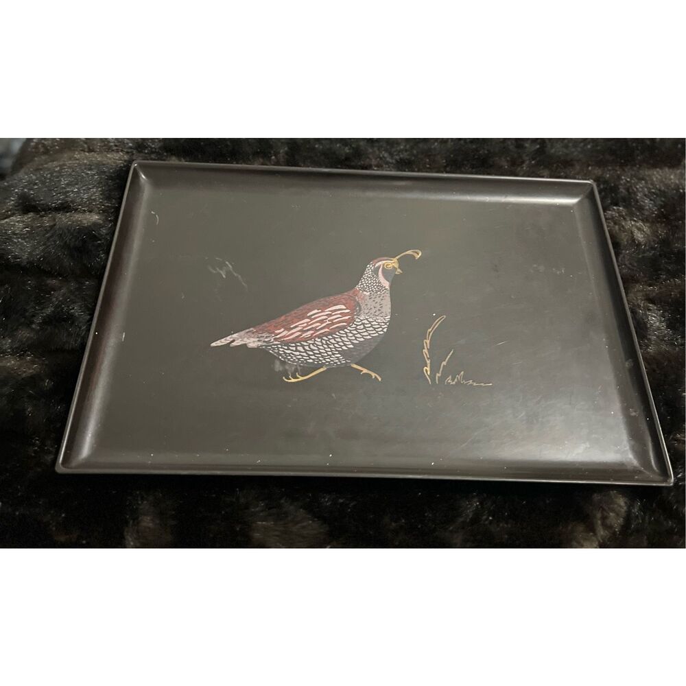 Vintage Couroc Monterey Quail Pheasant Brass Inlay serving Tray MCM